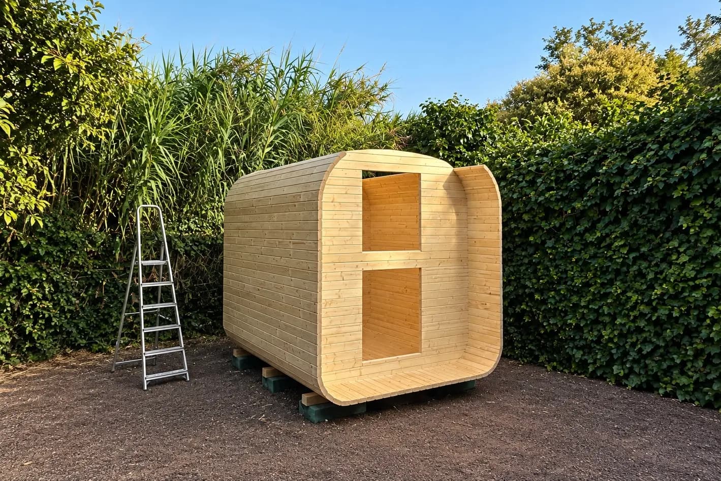 Estructura de una sauna de barril durante el montaje en Tenerife